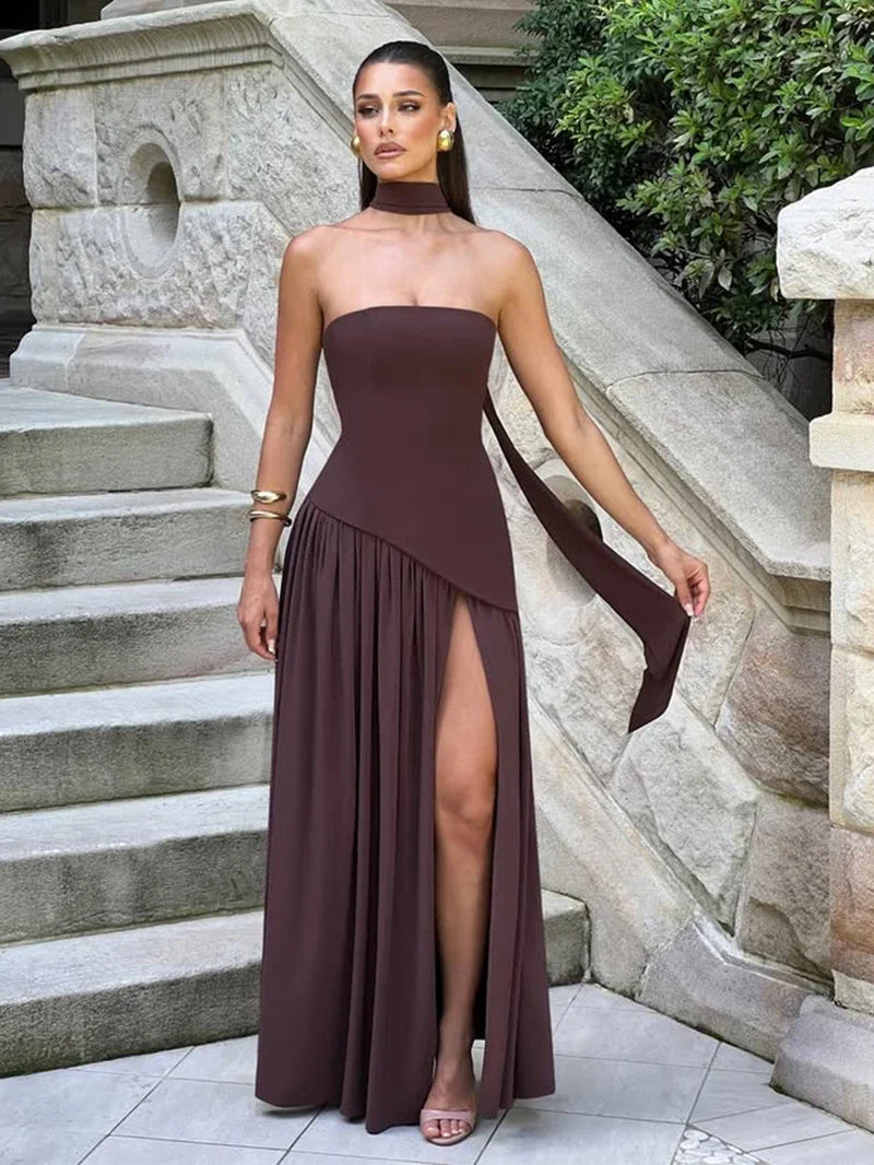 Strapless Shawl Collar High Split Sexy Dress Women Elegant Long Dresses Backless Sleeveless Summer Dress Vestidos
