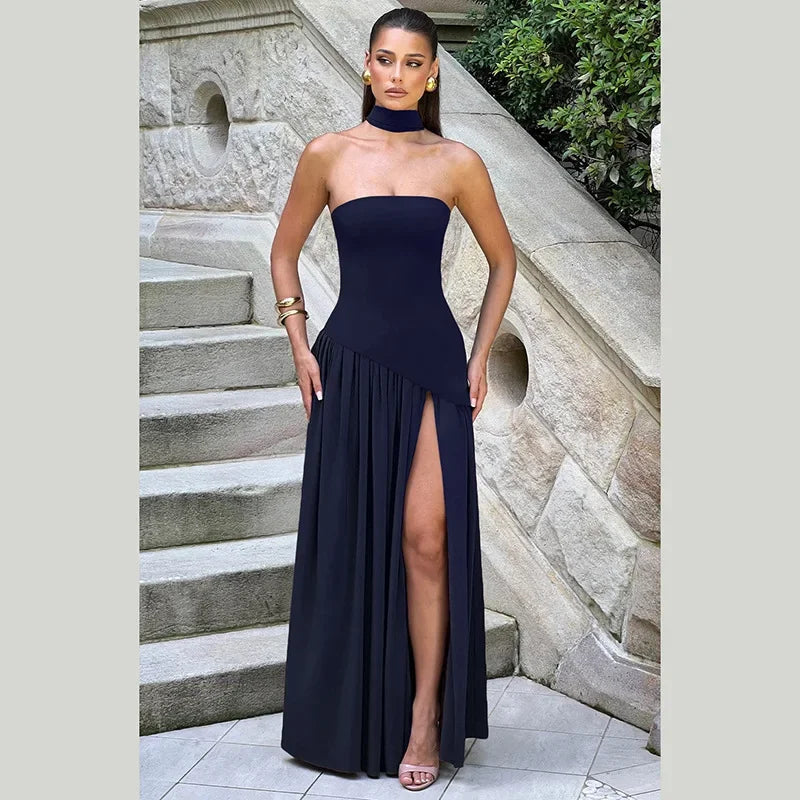 Strapless Shawl Collar High Split Sexy Dress Women Elegant Long Dresses Backless Sleeveless Summer Dress Vestidos