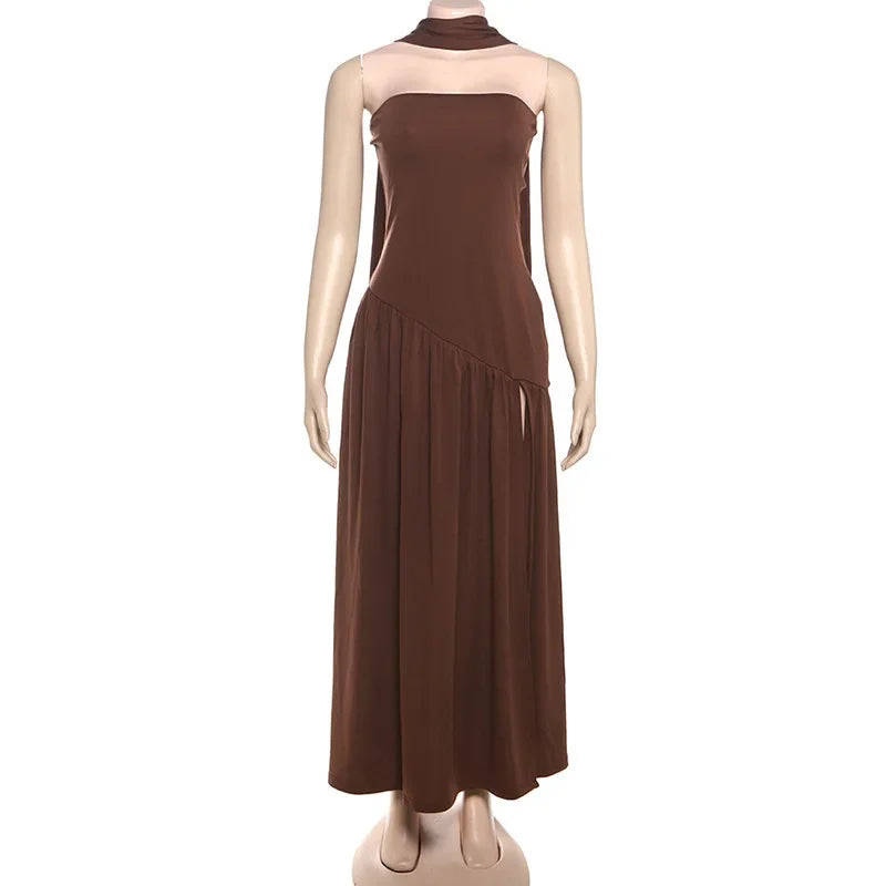 Strapless Shawl Collar High Split Sexy Dress Women Elegant Long Dresses Backless Sleeveless Summer Dress Vestidos