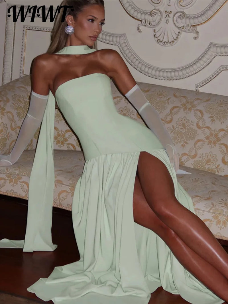 Fashion Patchwork Split Strapless Dress Women'S Elegant Sleeveless Backless Long Dress 2025 Summer New Lady Evening Party Robes