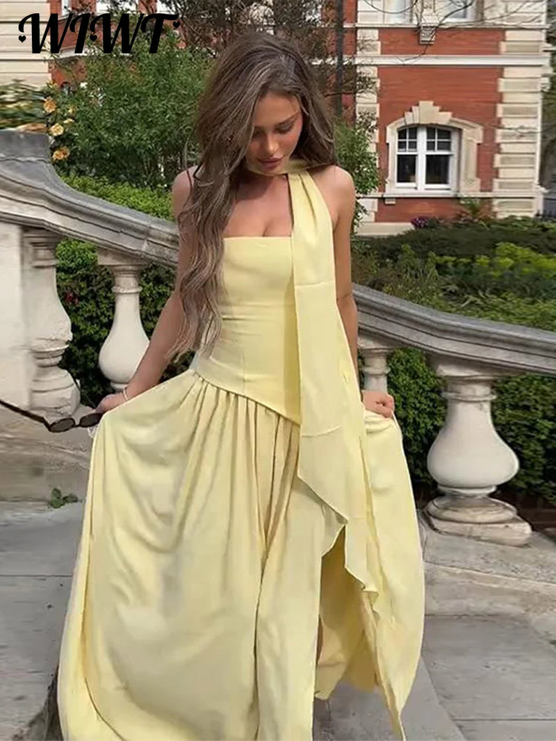 Fashion Patchwork Split Strapless Dress Women'S Elegant Sleeveless Backless Long Dress 2025 Summer New Lady Evening Party Robes