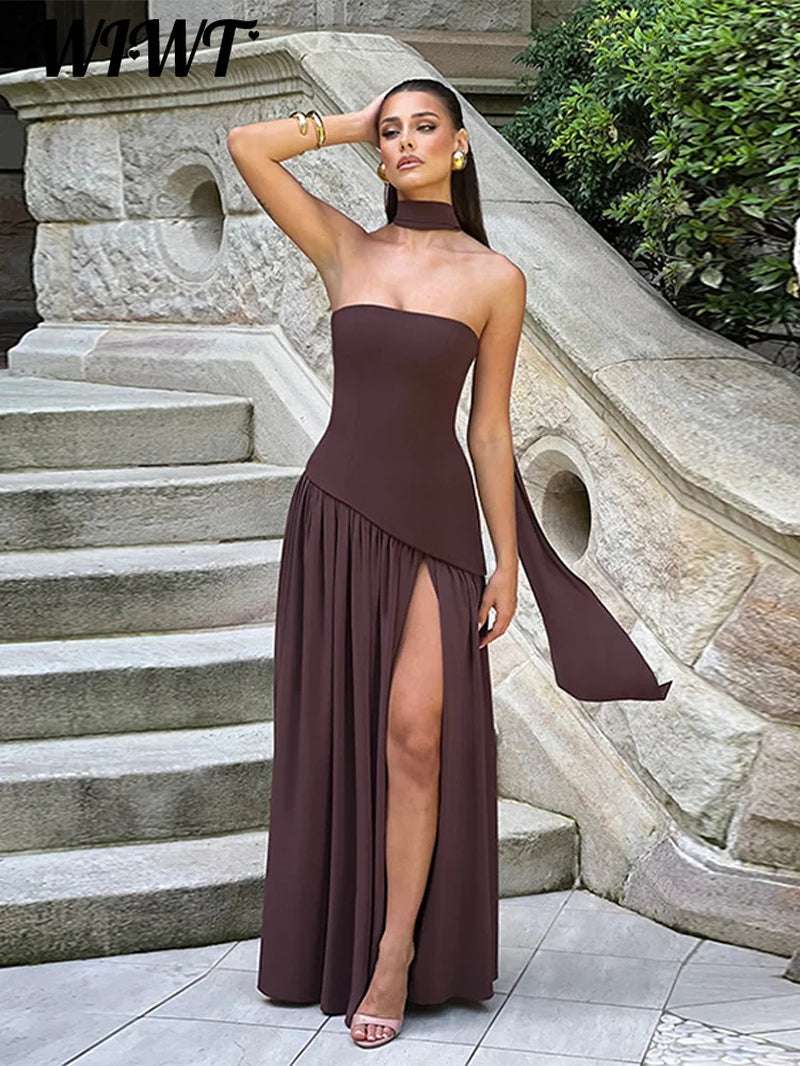 Fashion Patchwork Split Strapless Dress Women'S Elegant Sleeveless Backless Long Dress 2025 Summer New Lady Evening Party Robes