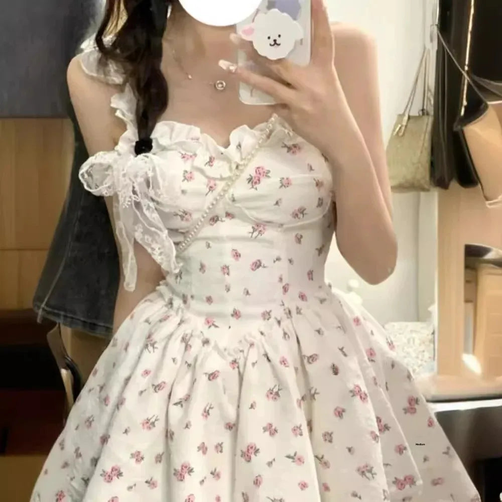 White Floral Print Halter Dress Women Summer Sexy Pure Desire Waist Cinching Slimming Puffy Skirt Sweet Spicy Style Dress