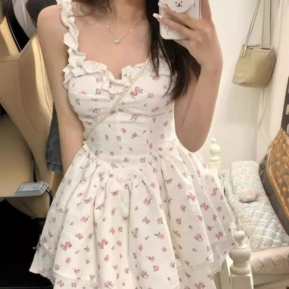 White Floral Print Halter Dress Women Summer Sexy Pure Desire Waist Cinching Slimming Puffy Skirt Sweet Spicy Style Dress