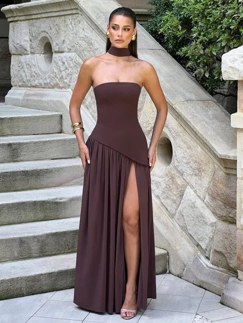 Strapless Shawl Collar High Split Sexy Dress Women Elegant Long Dresses Backless Sleeveless Summer Dress Vestidos