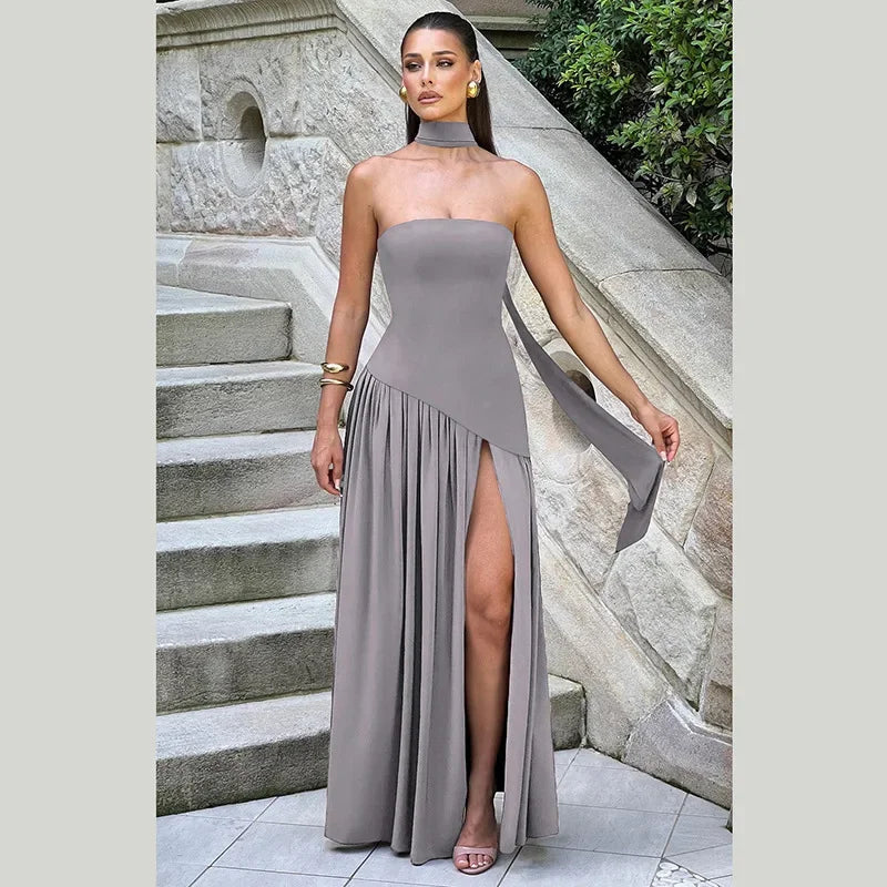 Strapless Shawl Collar High Split Sexy Dress Women Elegant Long Dresses Backless Sleeveless Summer Dress Vestidos