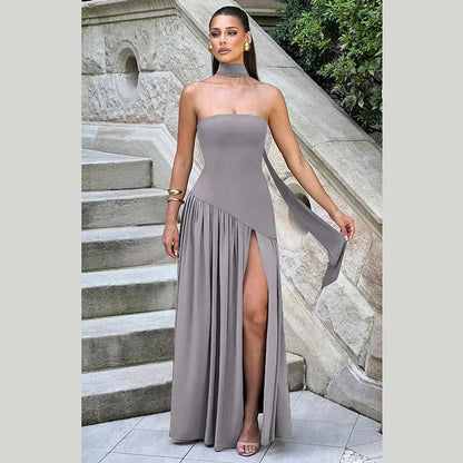 Strapless Shawl Collar High Split Sexy Dress Women Elegant Long Dresses Backless Sleeveless Summer Dress Vestidos