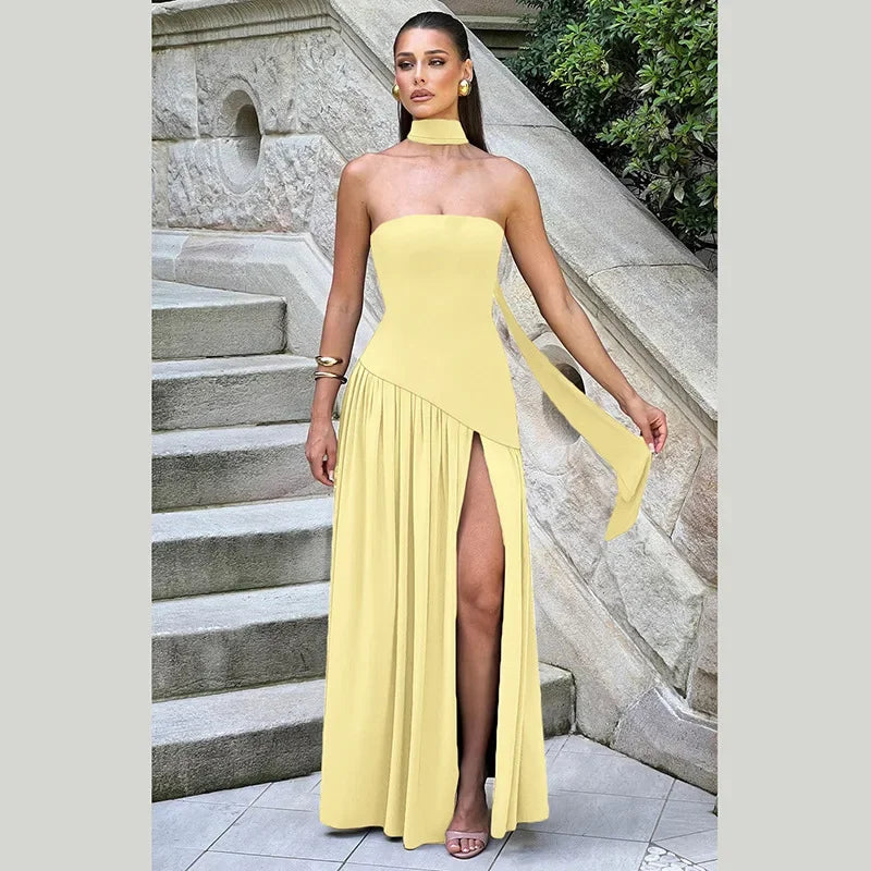 Strapless Shawl Collar High Split Sexy Dress Women Elegant Long Dresses Backless Sleeveless Summer Dress Vestidos