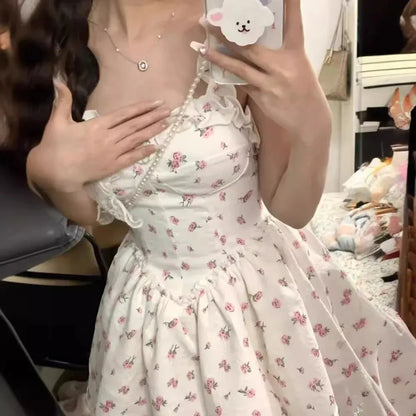 White Floral Print Halter Dress Women Summer Sexy Pure Desire Waist Cinching Slimming Puffy Skirt Sweet Spicy Style Dress