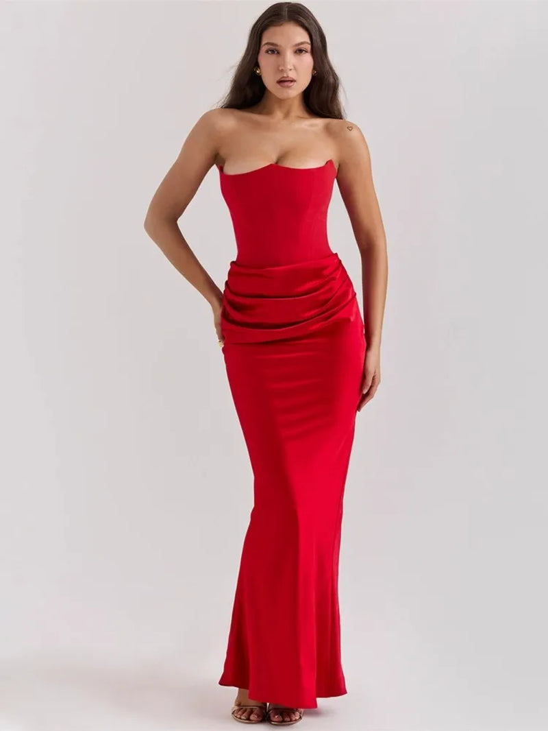 Strapless Sexy Backless Long Dress Pleated Waist Slim Fit Evening Gown Satin Tight Corset Spring Summer Fashion Club Party Dress