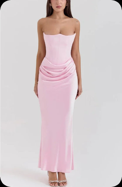 Strapless Sexy Backless Long Dress Pleated Waist Slim Fit Evening Gown Satin Tight Corset Spring Summer Fashion Club Party Dress