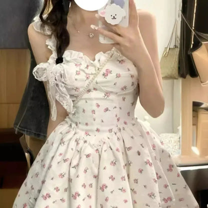 White Floral Print Halter Dress Women Summer Sexy Pure Desire Waist Cinching Slimming Puffy Skirt Sweet Spicy Style Dress