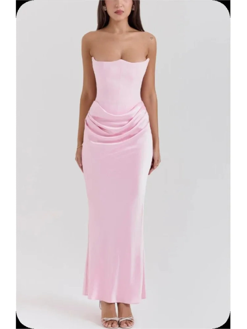 Strapless Sexy Backless Long Dress Pleated Waist Slim Fit Evening Gown Satin Tight Corset Spring Summer Fashion Club Party Dress