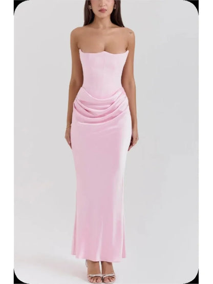 Strapless Sexy Backless Long Dress Pleated Waist Slim Fit Evening Gown Satin Tight Corset Spring Summer Fashion Club Party Dress
