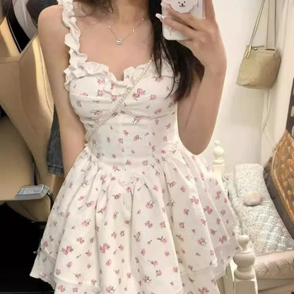 White Floral Print Halter Dress Women Summer Sexy Pure Desire Waist Cinching Slimming Puffy Skirt Sweet Spicy Style Dress